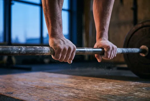 Chalked Hands Gripping Barbell in Gym