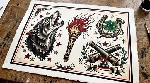 American Traditional Tattoo Flash Sheet on Desk