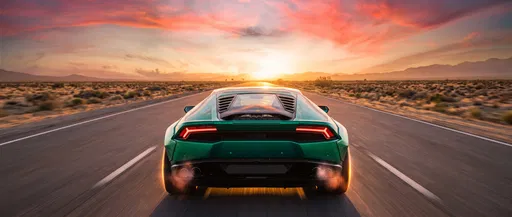 Green Supercar Speeding on Desert Highway
