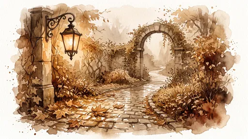 Sepia Watercolor Autumn Garden Path