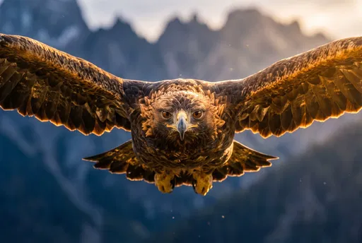 Golden Eagle Flying Toward Camera at Sunset