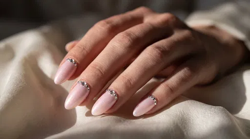 Pastel Pink Shimmer Manicure with Rhinestones