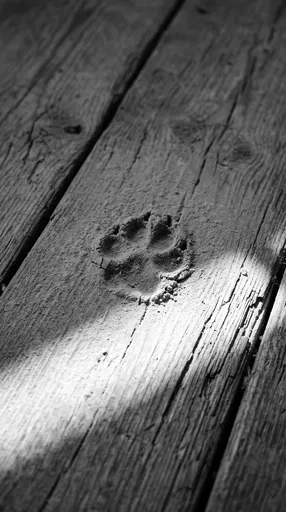 Monochrome Dog Paw Print on Dusty Wood