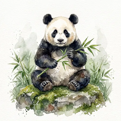 Watercolor Giant Panda Holding Bamboo