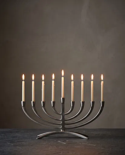 Modern Pewter Hanukkiah with Lit Candles