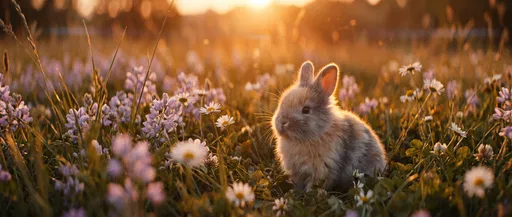 Fluffy Bunny in Sunset Wildflower Meadow