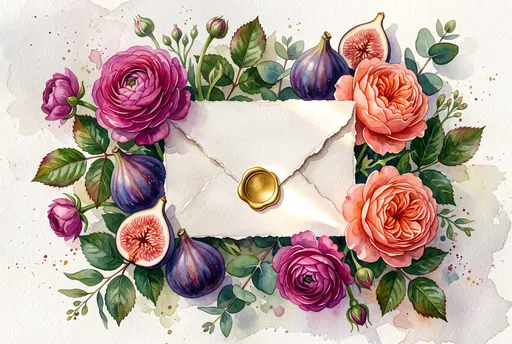 Watercolor Floral Envelope with Figs and Wax