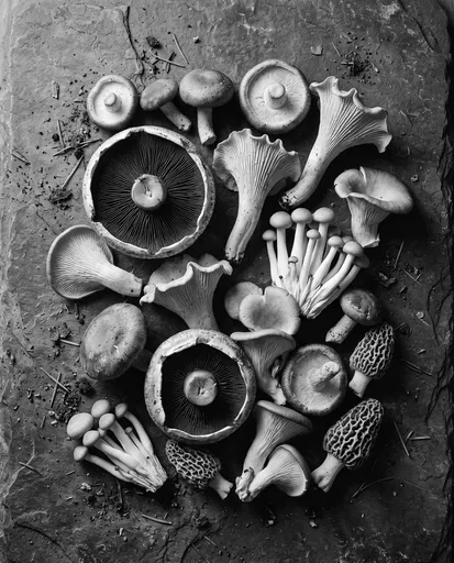 Monochrome Flat Lay of Assorted Specialty Mushrooms