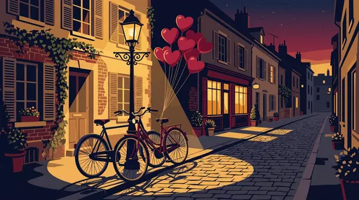 Romantic Cobblestone Street With Bicycles and Balloons
