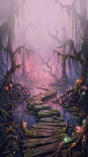 Enchanted Misty Swamp Path Illustration