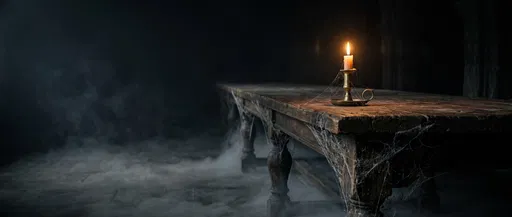 Lit Candle on Cobwebbed Wooden Table
