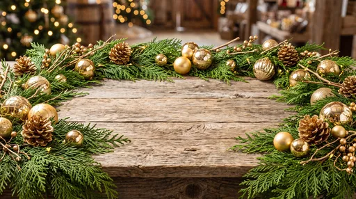 Rustic Wooden Table Framed With Christmas Garland
