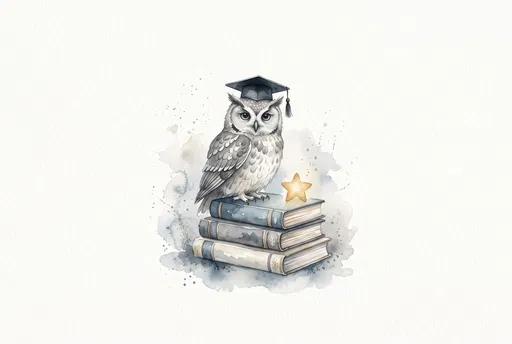 Watercolor Owl on Books with Star