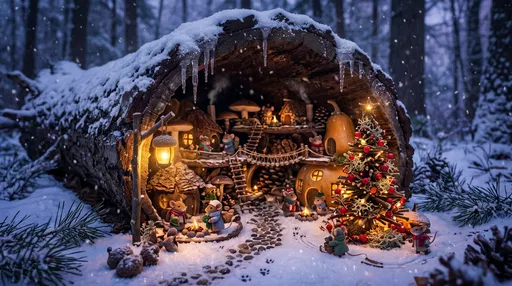 Miniature Mouse Village Inside Snowy Hollow Log