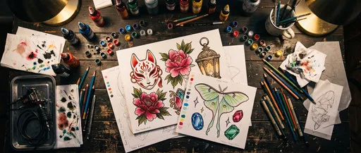Tattoo Artist Desk with Flash Sheets
