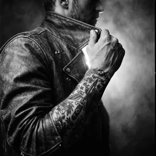 Man With Tattooed Forearm Gripping Leather Jacket