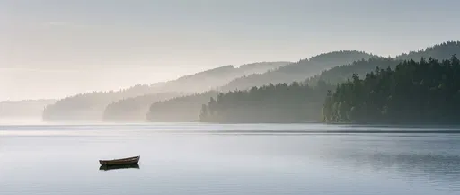 Wooden Rowboat on Misty Morning Water