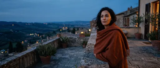Woman on Stone Terrace at Blue Hour