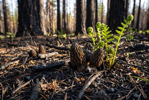 Morel Mushrooms and Ferns in Burned Forest