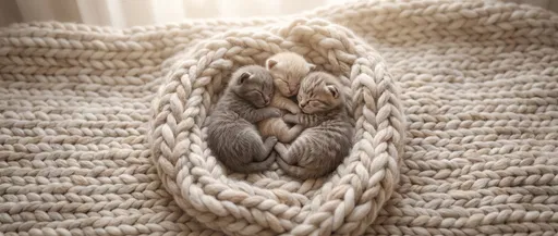 Three Sleeping Kittens on Chunky Knit Blanket