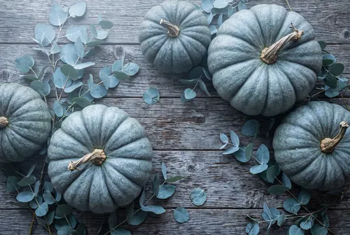 Slate Blue Pumpkins and Eucalyptus Flat Lay