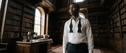 Man in Tuxedo Shirt in Study
