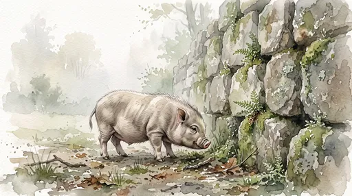 Watercolor Piglet Sniffing Mossy Stone Wall