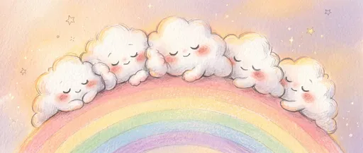 Cute Sleeping Clouds on Pastel Rainbow