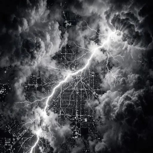 Monochrome Aerial Lightning Storm Over City
