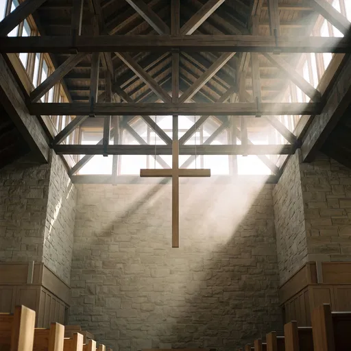 Sunbeams Illuminating Wooden Cross in Church