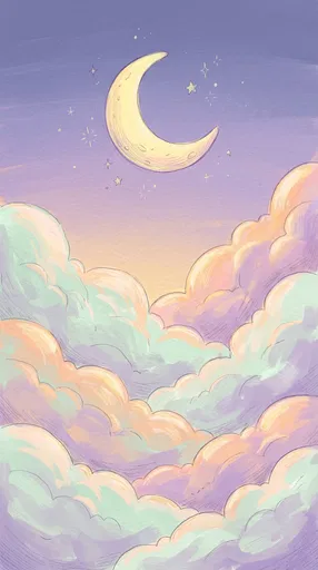 Whimsical Pastel Crescent Moon and Clouds Illustration