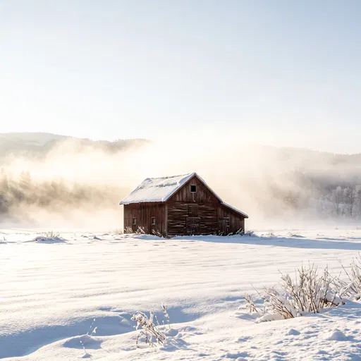 Wooden Barn in Snowy Misty Meadow