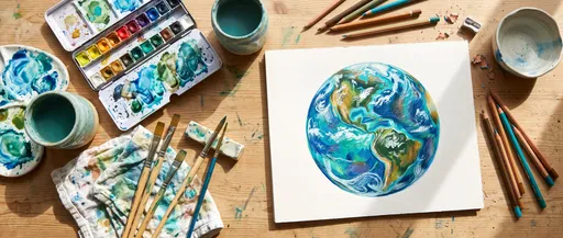 Overhead Earth Illustration With Art Supplies