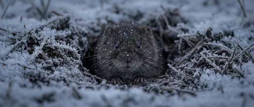 Vole Peeking from Frosty Winter Burrow
