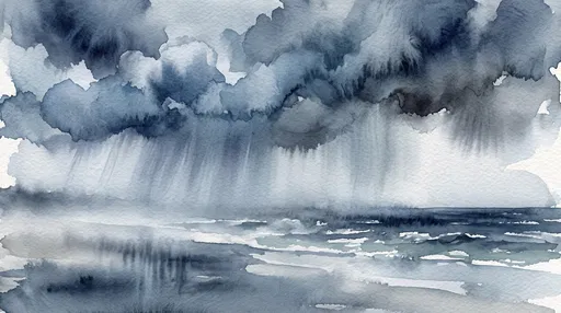 Watercolor Storm Clouds Over Misty Ocean