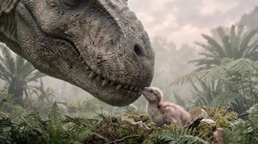 Mother T-Rex Nudging Fluffy Hatchling in Nest