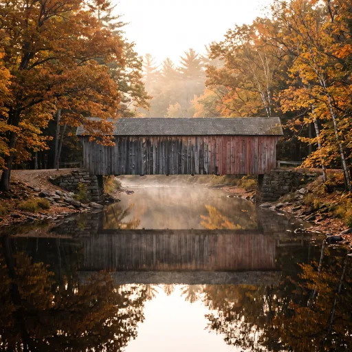 Weathered Covered Bridge in Autumn Mist