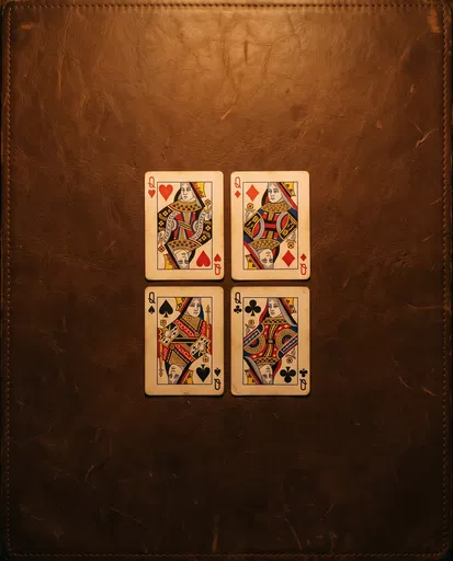 Four Queen Playing Cards on Brown Leather