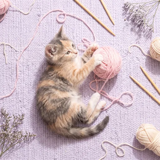 Calico Kitten Playing With Pink Yarn