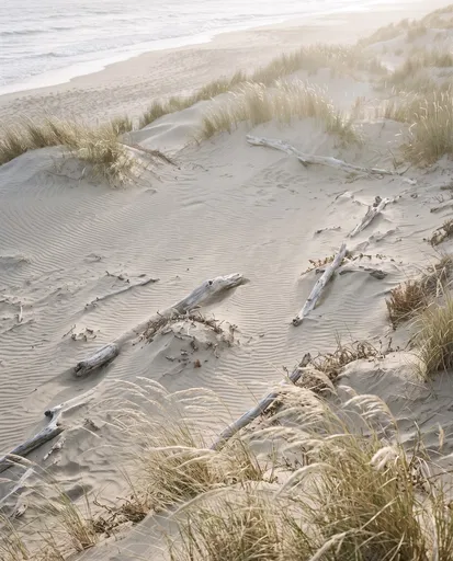 Sunlit Coastal Sand Dunes With Driftwood