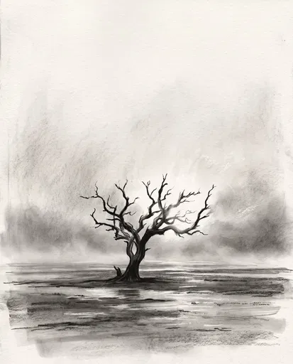 Charcoal Sketch of Twisted Driftwood Tree