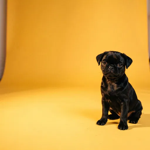 Black Pug Puppy on Yellow Backdrop