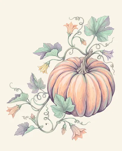 Pastel Botanical Pumpkin Illustration with Vines