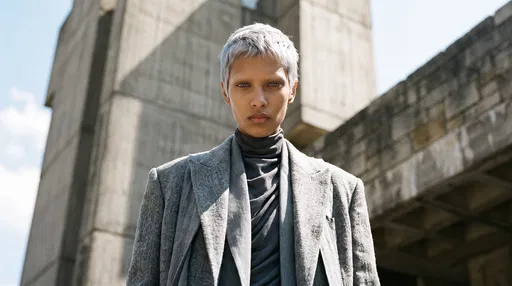 Androgynous Model in Gray Coat Outdoors