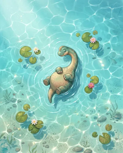 Cute Baby Dinosaur Floating in Lagoon
