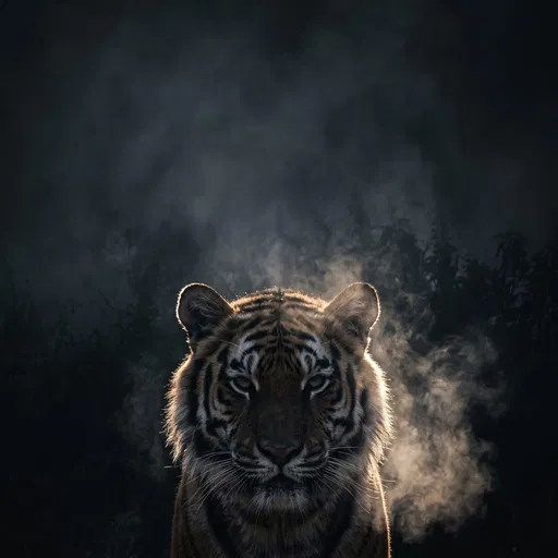 Backlit Tiger Portrait in Dark Mist