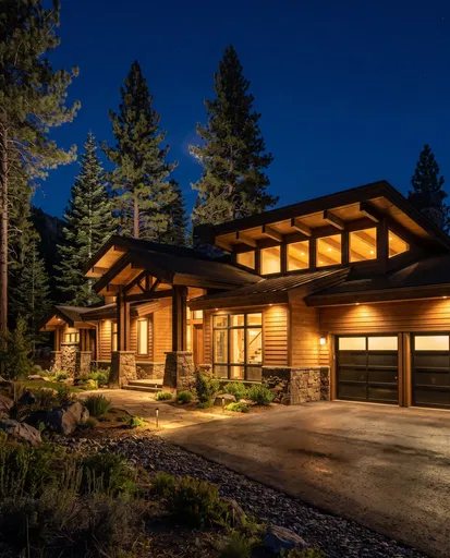 Modern Mountain Ranch House at Night