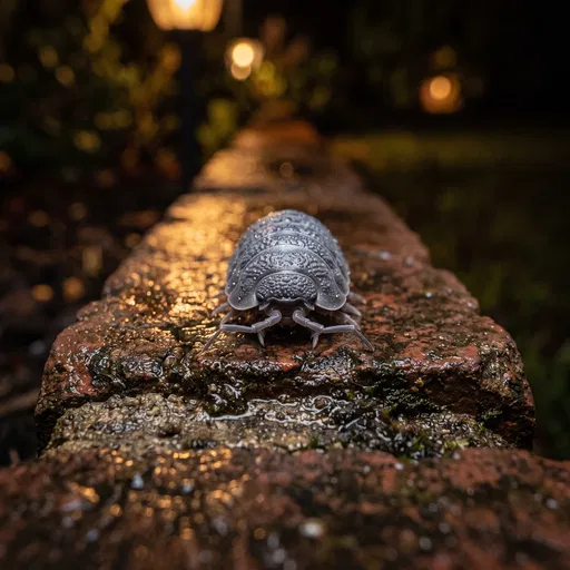 Macro Woodlouse on Wet Brick at Night