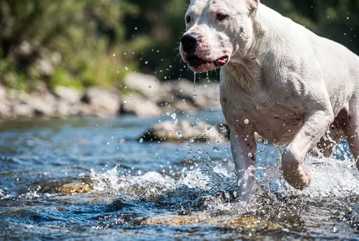 White Dogo Argentino Splashing in River