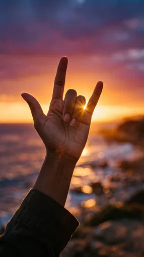 Hand Making I Love You Sign at Sunset